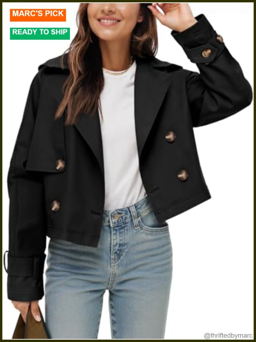 Cropped Trench Coat Oversized Double Breasted Notched Lapel Loose Fit